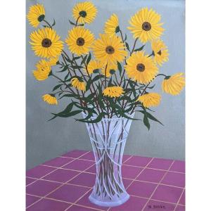 Naïve Art Painting Bouquet Of Flowers Sunflowers Naïve School Signed Maurice Bonnin 1911-1993