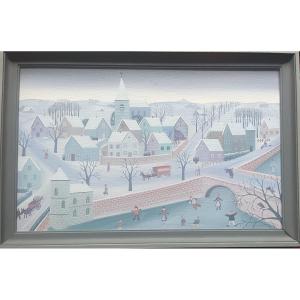 Naïve Painting Of The Joys Of Winter, A Lively Village Under The Snow, Painting By Christian Vatan