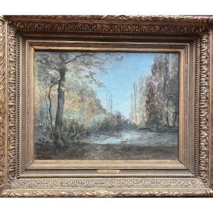 Landscape Painting, Barbizon School, Circle Of Corot, Painting Signed Louis Augustin Auguin 1824-1903