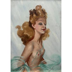 Painting From The 1950s, Elegant Topless Nude Surrounded By Domergue, Signed Lefebvre 