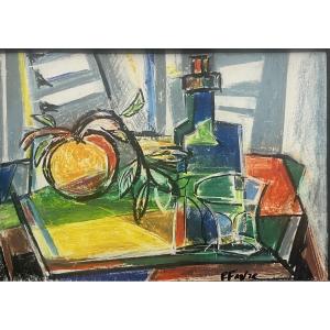Cubist Pastel Still Life Painting Of Marseille, Signed Pierre Favre (1906-1983)