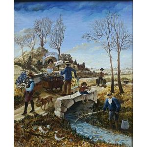 Naïve Painting Of The Flower Seller, Signed Francois Torti