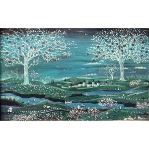 Naïve Painting Of A Lively Countryside Landscape, Signed Jacqueline David 