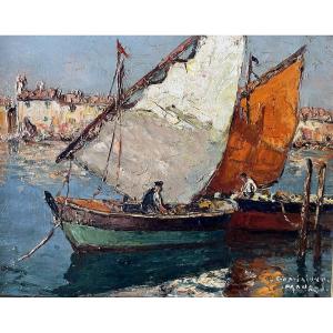 Marine Painting, Provençal School, Port Of Toulon, Painting Signed Dominique Manago, Born In 1902
