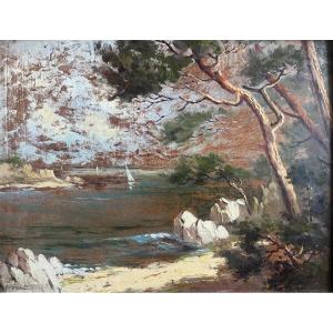 Provençal Seascape Painting With Sailboats, Signed Lucien Potronat (1899-1973)