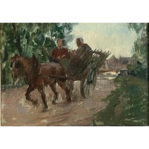 Impressionist Painting, Horse-drawn Carriage, Countryside Landscape, Anonymous Painting. 