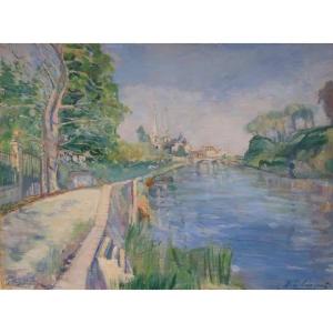 Jules Delvincourt (paris 1873 - Bayonne 1953) "la Nive Near Bayonne" Oil/panel Signed 60x81