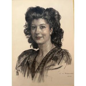 François-maurice Roganeau (1883-1973) “portrait Of A Woman” Charcoal And Pastel 1946 61x 46 Cm