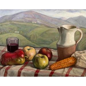 Angel Cabanas Oteiza (1883-1964) "still Life - Basque Country" Oil On Panel Signed 37.5 X 47,5 