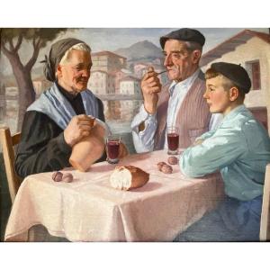 Mauricio-flores Kaperotxipi (1901-1997) "family Meal Basque Country" Oil/canvas Signed 65x80 Cm