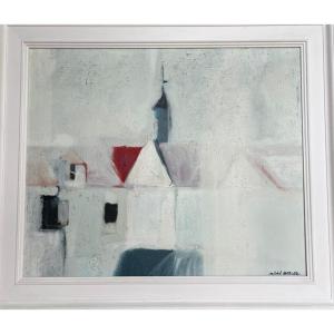 Michel Bellec (1931-1996) - Breton School - "church View" Oil On Canvas Signed 53 X 63 Cm