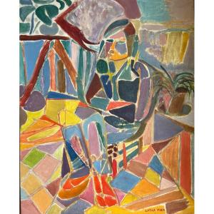 Lutka Pink (1906 Warsaw-1998 New York) "woman On The Terrace" Oil On Canvas Signed 101x81 