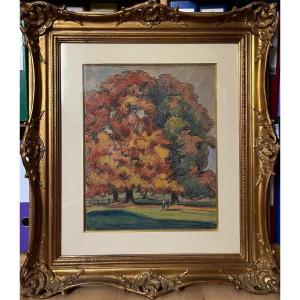 Jean Peské (golta 1870- Le Mans 1949) “lively Forest Edge In Autumn” Watercolor Signed 45x37 Cm