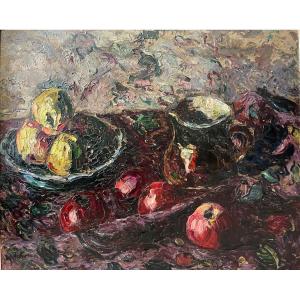 Jeanne Baraduc (1879-1957) “fruit Composition” Oil/cardboard Signed Lower Left 54x65 Cm