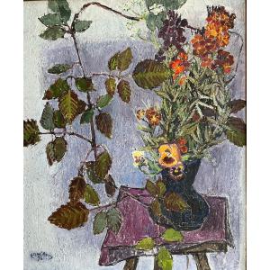 Edouard-georges Mac Avoy (1905-1991) Bordeaux Painter "bouquet Of Wallflowers" 1976- Oil 71x55