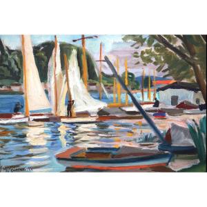 Georges De Sonneville (1889–1978) Sailboats In Front Of The Hill On The Garonne Circa 1920-hst 32x40