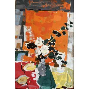 Pierre Theron (1918 – 2001) - Painter From Bordeaux - "christmas Roses" (1967) Oil On Canvas, Signed Lower Right, 83 X 54 Cm