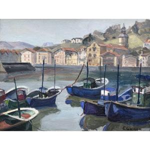 Hélène Elizaga (1898–1981) Boats In Front Of The Ravel Quay In Ciboure, Basque Country, Oil On Canvas, 27 X 35 Cm 