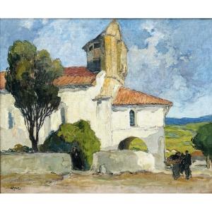Georges Gobo (1876 – 1958) “animated View Of The Church Of Bidart” - Basque Country - Oil On Canvas, 54.5 X 65 Cm