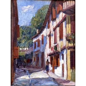 Louis Floutier (1882 - 1936) Woman In The Rue Agorette In Ciboure Oil On Panel 25x33 Cm
