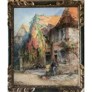 Célestin Lietaer (1874 – 1951) Rue De Salies, Béarn, Basque Country. Signed Watercolor, 64.5 X 53 Cm