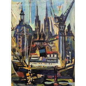 Charles-robert Vallet (1907–1993) Bordeaux, The Quays Oil On Paper, Signed 31 X 24 Cm 