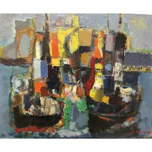 Jean Hugon (1919 - 1990) Painter From Bordeaux Tugs At La Rochelle (1963) Hst Sbd 50 X 61 Cm