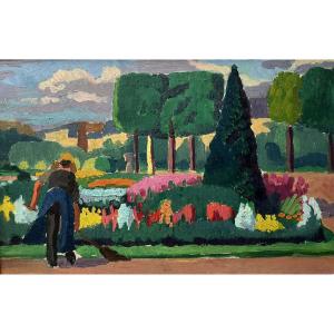 Georges De Sonneville (1889- 1978 ) The Public Garden Of Bordeaux Oil/cardboard Ca. 1914 27x45