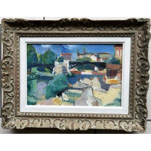 Jean Hugon (1919 - 1990) Garonne River In Toulouse (1950) -bordeaux School- Oil/canvas 22x32 Cm