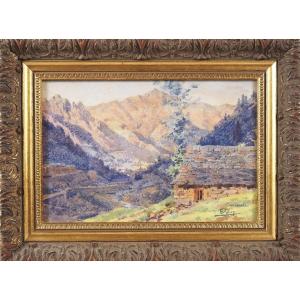 Blanche Odin(1865 - 1957) Cauterets Vallon Du Lutour Pyrénées Watercolor Signed/localized 17x26