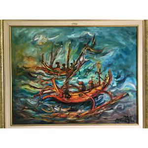 Maria Tjui (1934-2016)  "fishing Boats" Oil/canvas 97 X 127 Cms