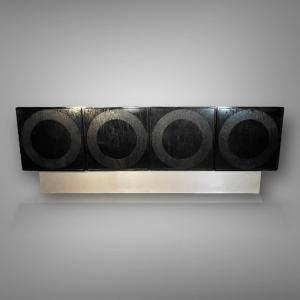 De Coene Frères (attributed) Vintage Op'art Brutalist Design Sideboard, Blackened Oak Aluminum 1970s