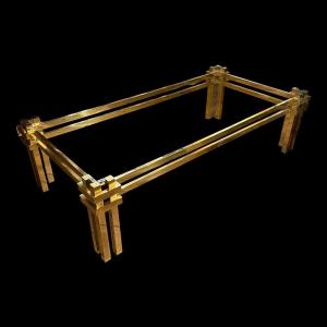 Romeo Rega, Vintage Coffee Table, Smoked Glass, Brass, Chromed Metal, Hollywood Regency 70s Design