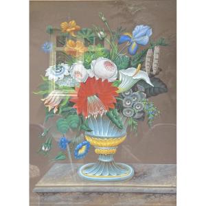 "bouquet Of Flowers" Still Life Painting Neo-classical Style, Gouache On Parchment, Ca 1830