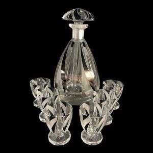Karl Palda, Liqueur Service, Carafe & 6 Art Deco Glasses, Cut Double Crystal, Cubist Decor