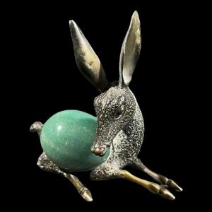 Rega, Arte Del Quarzo, Sculpture Of A Fawn, Silvered Bronze & Quartz, "seventies Glamour" Style 