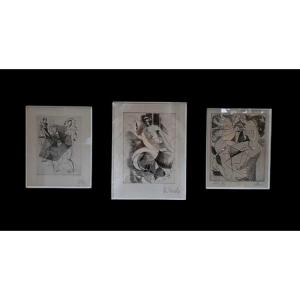René Mels (meulemans) 1 Endadré Set Of 3 X Abstract Expressionist Etchings, Ca 1945