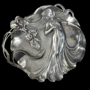 Wmf "woman With Irises" No. 290 Art Nouveau Openwork Tray, Silver-plated Metal, Ca 1906
