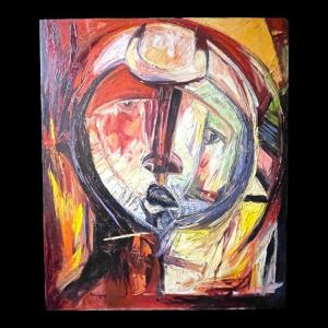 Roger Botembe "the Face" Abstract Mask, Painting Oil On Canvas, Ca 2010
