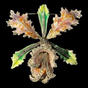 Brooch 'orchid Or Iris Flower' In Enamelled Sterling Silver, Mid 20th Century