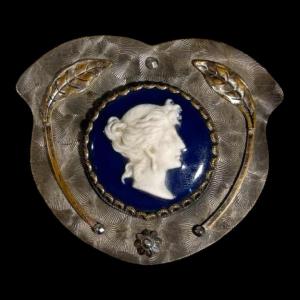 Belt Buckle, Cameo Portrait Of A Lady In Profile, Silver-plated Brass, Enameled Porcelain