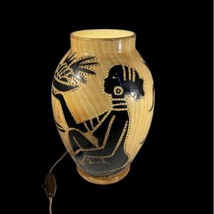 Grandjean Jourdan For Vallauris, Ceramic Tealight Lamp, Africanist Decor, Circa 1960