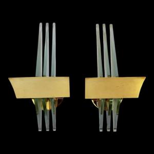 Pair Of Hollywood Regency Wall Lights, Gilt Brass Bases & Reflectors, Circa 1970