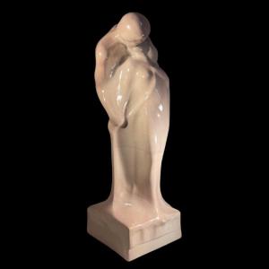 Cris Agterberg / Roger Guerin 'the Kiss' Sculpture Embracing Couple, Art Deco Crackle Ceramic