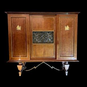 Art Deco Sideboard Or Bar Cabinet, Various Veneers, Bronze And Ironwork, Circa 1930–1940