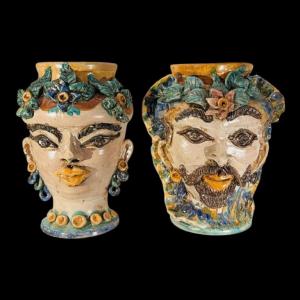 Caltagirone Sicilia "moor's Head" Ceramic (clay) Planters Vases, Italy Mid 20th Century