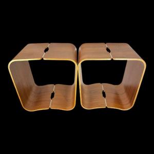 Pair Of Stools / Side Tables, Rosewood Aluminum, Curved Mutlipex Wood, Scandinavian Design