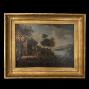 Italian School "lake Landscape, Forest Animated By Figures" Oil Painting On Canvas, 18th Century
