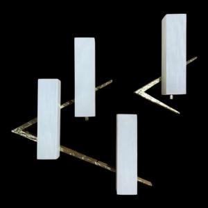 Maison Arlus, Pair Of Asymmetrical Hollywood Regency Sconces, Bronze - Opaline Glass, Ca 1970