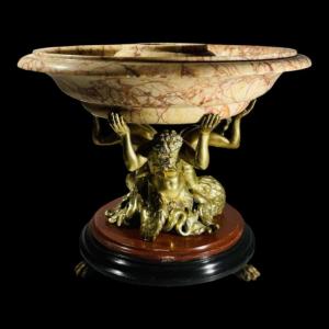Triton Centerpiece, Gilded Bronze And Marble Sculpture, 19th Century